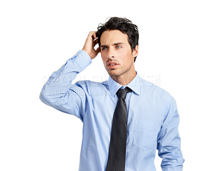 Buy stock photo Business, man and thinking for corporate project, policy report and consultant isolated on white studio background. Ceo, male entrepreneur and employee with idea, advertising campaign and marketing