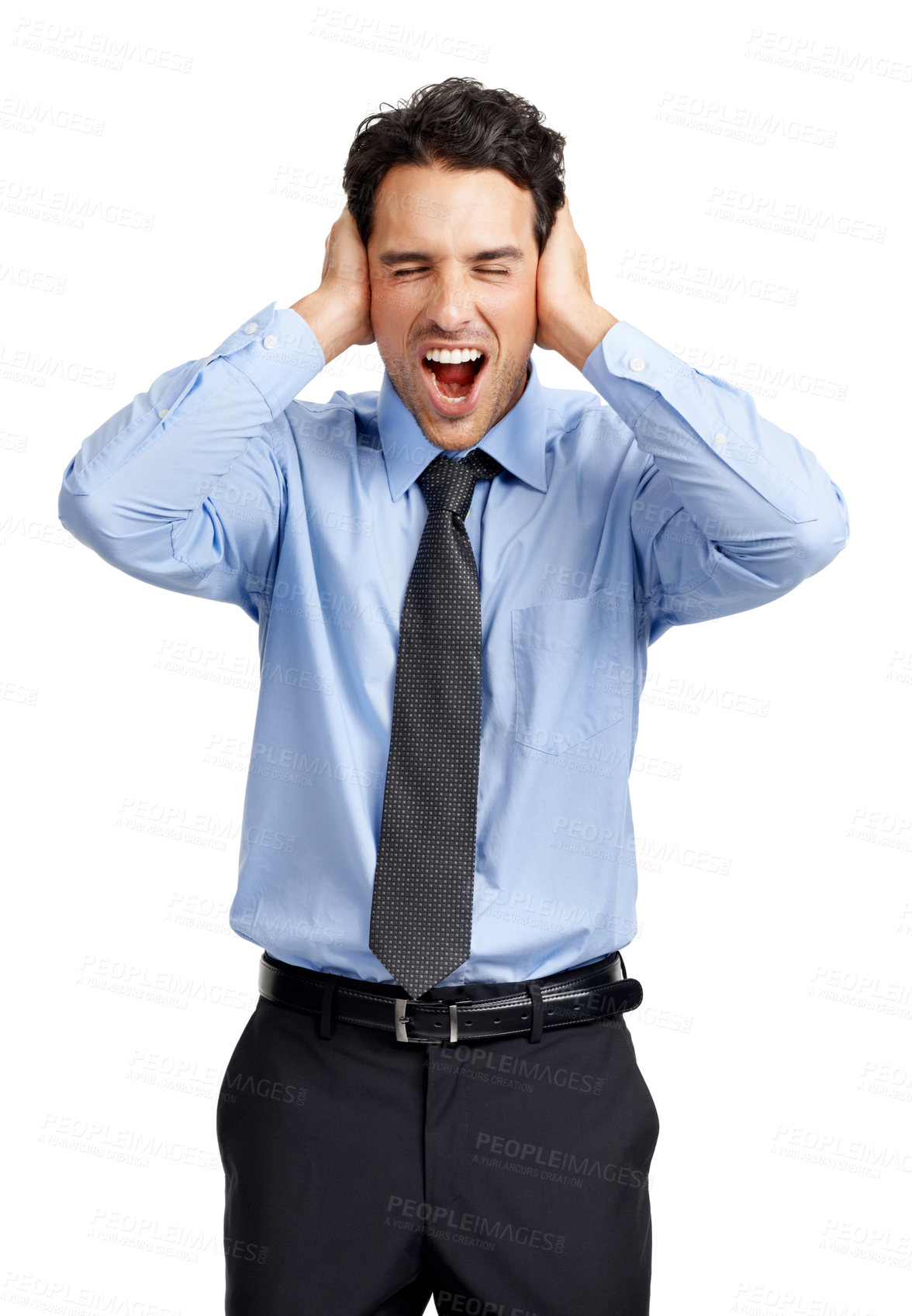 Buy stock photo Businessman, headache and shouting frustrated with hands on head, overworked employee and angry in white background. Corporate man, burnout stress and screaming with head pain isolated in studio 