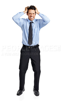 Buy stock photo Businessman, stress and pulling hair on studio background in finance fraud, money laundering mistake and company stock loss. Worker anxiety, frustrated and angry employee with mental health burnout