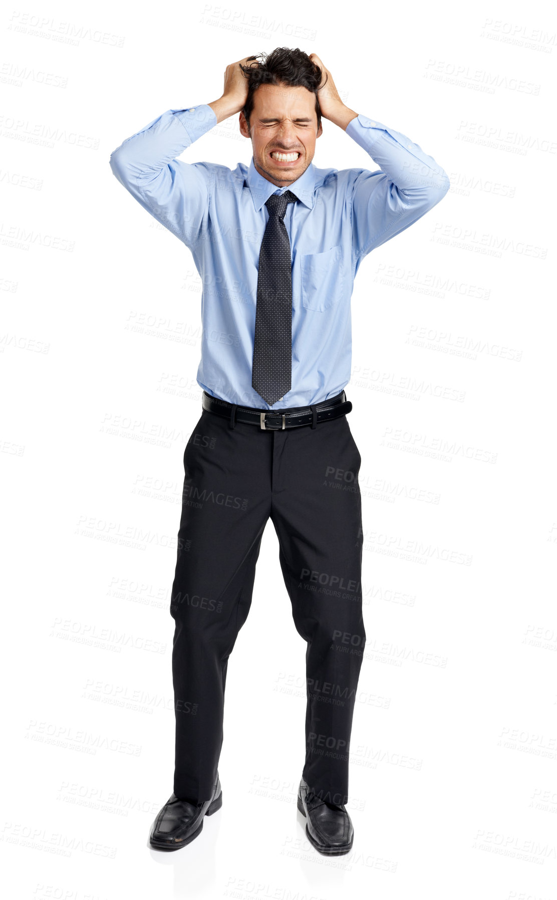 Buy stock photo Businessman, stress and pulling hair on studio background in finance fraud, money laundering mistake and company stock loss. Worker anxiety, frustrated and angry employee with mental health burnout
