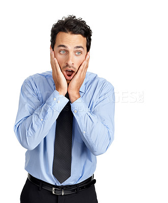 Buy stock photo Fear, anxiety and stress of businessman thinking of problem, fail and mistake with worry. Bad surprise and overwhelmed corporate worker anxious with dramatic face in white studio background

