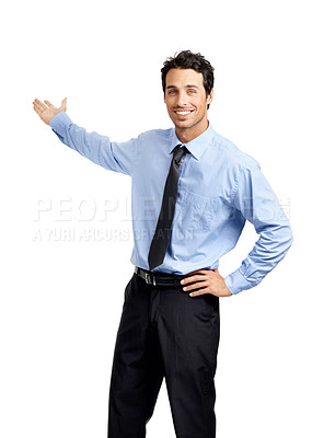 Buy stock photo Portrait, business and man with presentation, corporate and speaker isolated on white studio background. Male employee, presenter and entrepreneur with feedback, smile and communication on backdrop