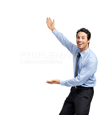 Buy stock photo Gesture, portrait and happy business man excited for sales promotion, luxury present gift or discount deal mockup. Mock up space, marketing product placement or advertising worker on white background