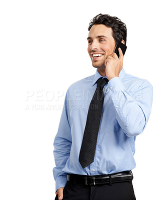 Buy stock photo Phone call, corporate and businessman in studio happy in networking, negotiation and communication. Happy professional man using phone or smartphone talking strategy for company or contact us mockup