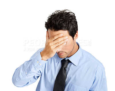 Buy stock photo Businessman, stress and hand covering face on studio background in finance fraud or money laundering mistake. Worker anxiety, frustrated and employee with mental health burnout in company stock loss