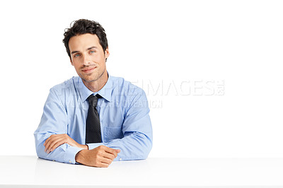 Buy stock photo Businessman, portrait or mockup desk on studio background with financial growth ideas, innovation or future vision. Happy corporate worker, employee or mock up table for investment company interview