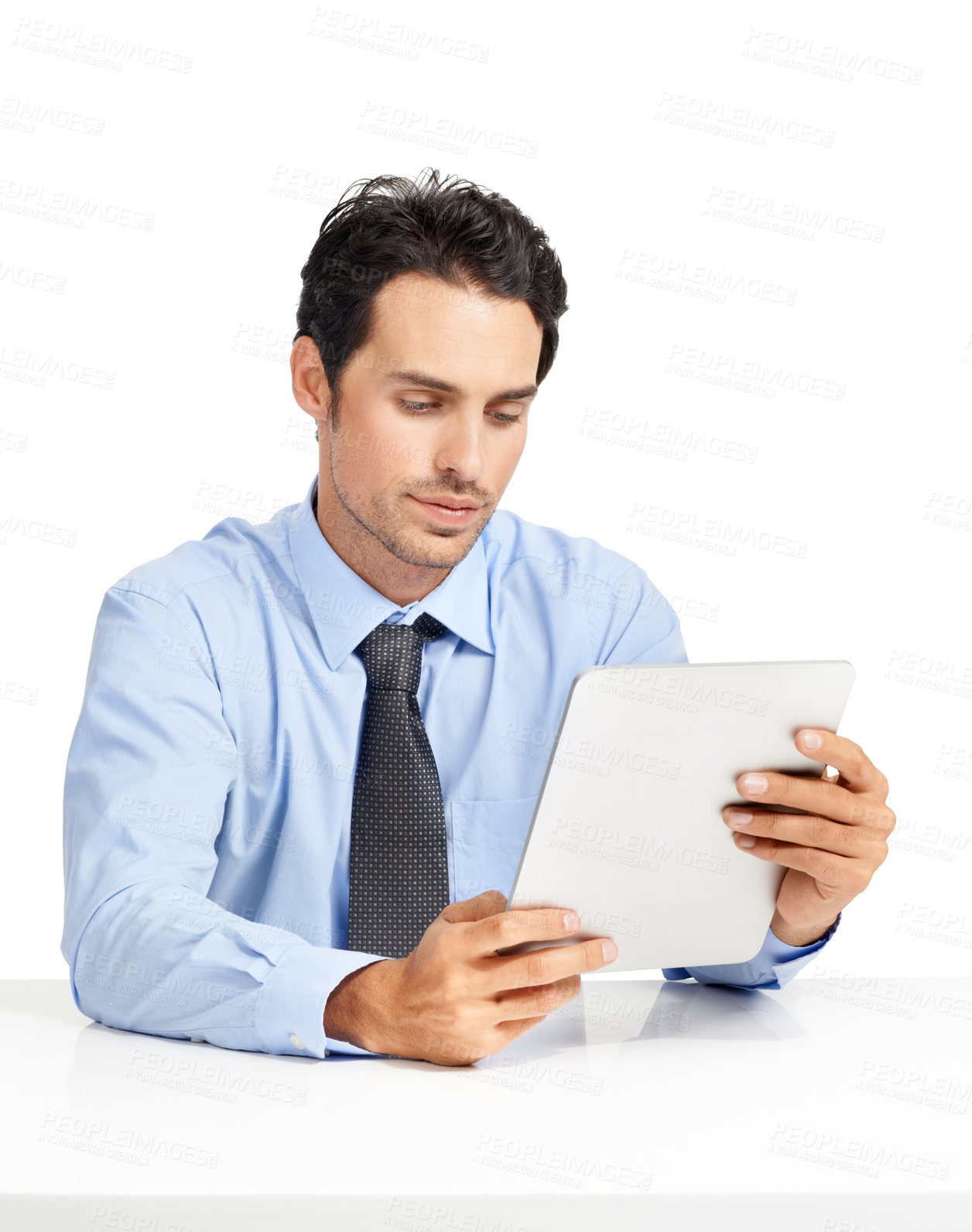 Buy stock photo Thinking, digital tablet and businessman in studio for planning, internet and search on mockup. Management, online project and man busy with schedule while working on app for task, email or browsing