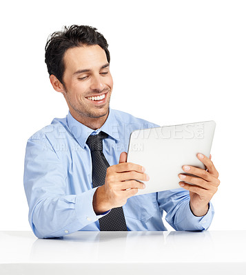 Buy stock photo Social media, video and businessman reading on tablet for work, communication and app. Website, contact and happy executive man with tech for connectivity, wifi and online news on a white background