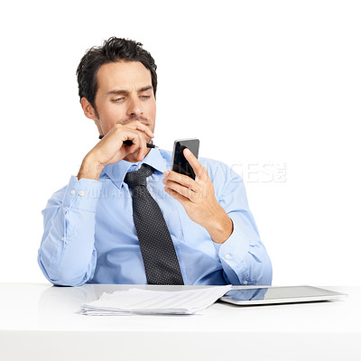 Buy stock photo Smartphone, technology and businessman in studio thinking of solution, strategy or negotiation in finance. Mockup, accounting and corporate worker with phone idea for profit, stock market or sales