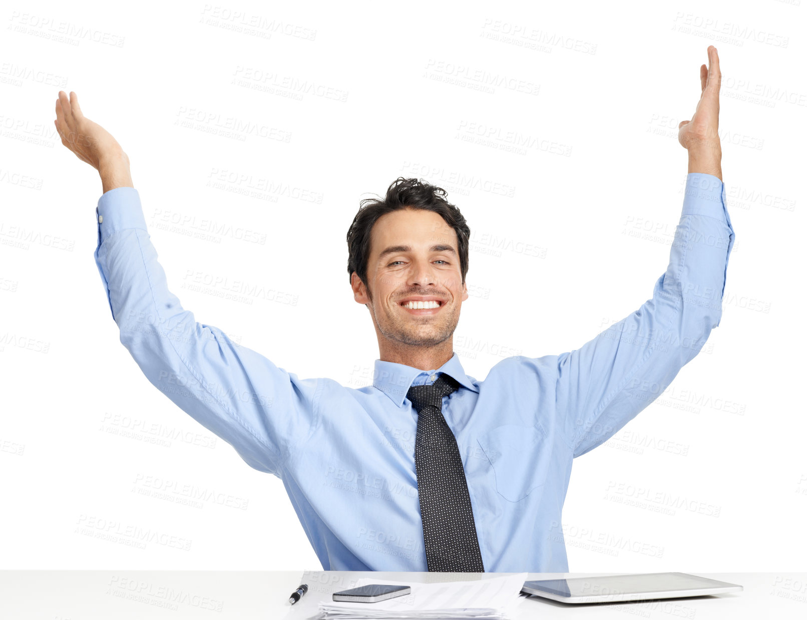 Buy stock photo Businessman, portrait or hands up on studio background in success financial task, complete or done company accounting. Smile, relax or happy corporate worker stretching by desk, fintech or documents