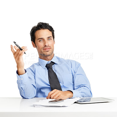 Buy stock photo Businessman working, documents and pen in portrait with technology for research and notes against white background. Corporate law, male lawyer study for legal case with tablet and phone at desk 