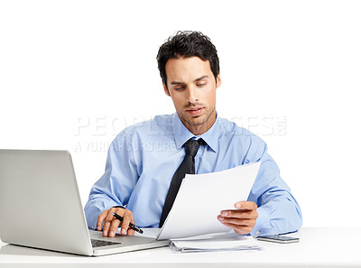 Buy stock photo Laptop, finance documents and business man typing review of financial portfolio, stock market database or investment. Trading economy, bitcoin mining and trader research nft, forex or cryptocurrency