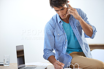 Buy stock photo Businessman, phone call and writing with laptop for networking, communication or planning with documents. Person, smartphone and paperwork with technology for entrepreneur and discussion at workplace