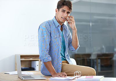 Buy stock photo Businessman, portrait and phone call with documents by desk for networking, communication and planning. Entrepreneur, person and smartphone or technology for discussion, business project and smile