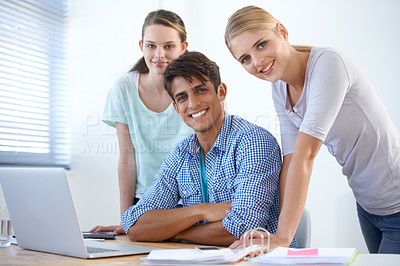 Buy stock photo Business people, collaboration portrait and laptop for office planning, marketing research and copywriting meeting. Young professional employees or startup team with computer and social media project
