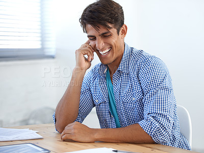 Buy stock photo Man, phone call and conversation on technology, laughing and networking or connection, mobile and chat. Indian male person, smartphone and discussion or smile, communication and speak on cellphone