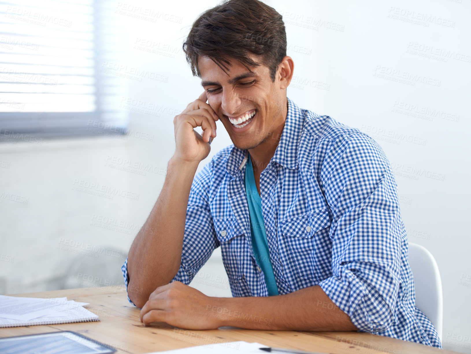 Buy stock photo Man, phone call and conversation on technology, laughing and networking or connection, mobile and chat. Indian male person, smartphone and discussion or smile, communication and speak on cellphone