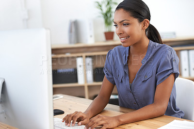 Buy stock photo Woman, computer and planning a proposal, typing and online research or internet connection. Female person, email and networking or digital marketing, analysis and project on technology in office