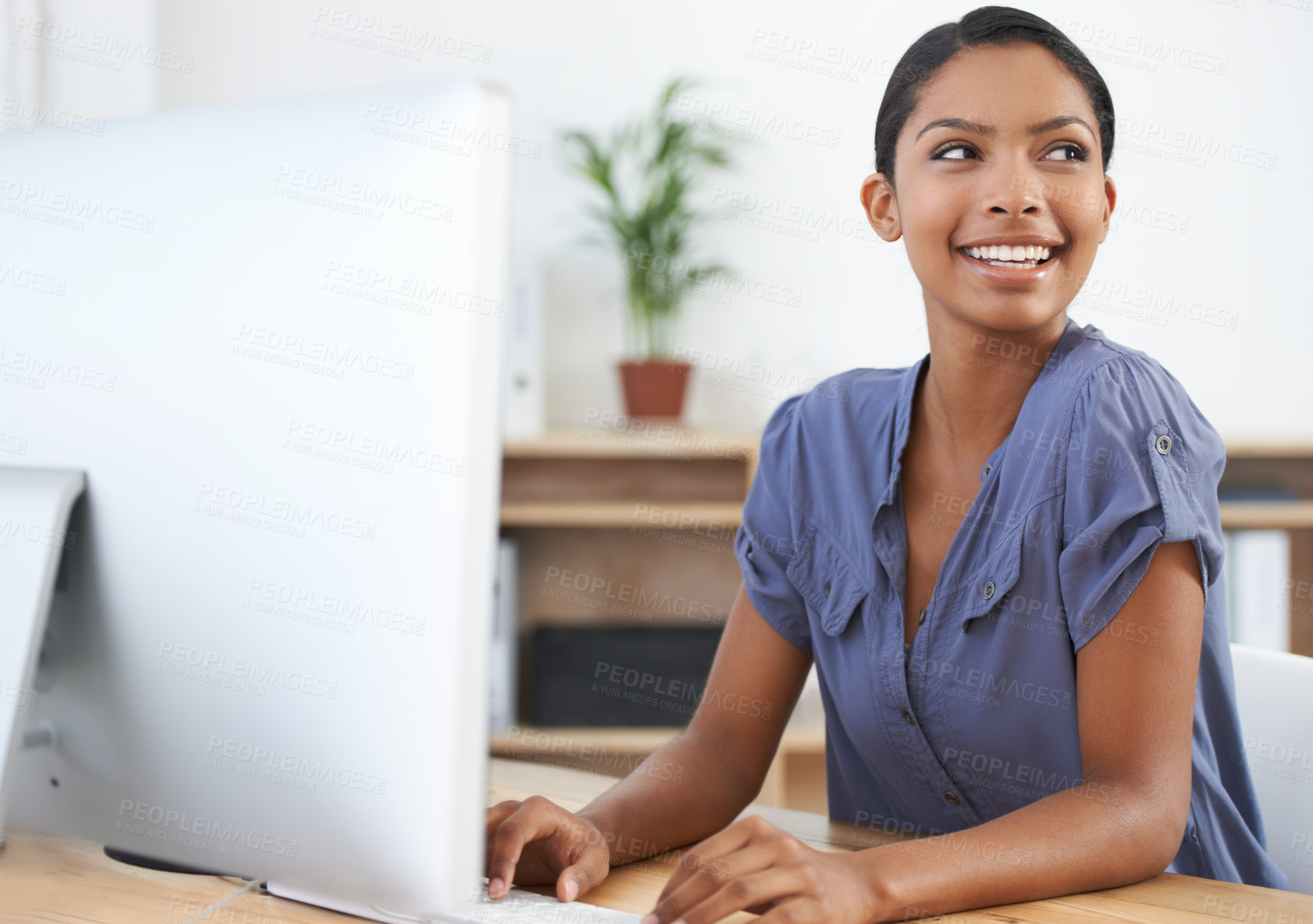 Buy stock photo Woman, computer and typing a proposal, smile and online research or internet connection. Female person, planning and networking or digital marketing, analysis and project on technology in office