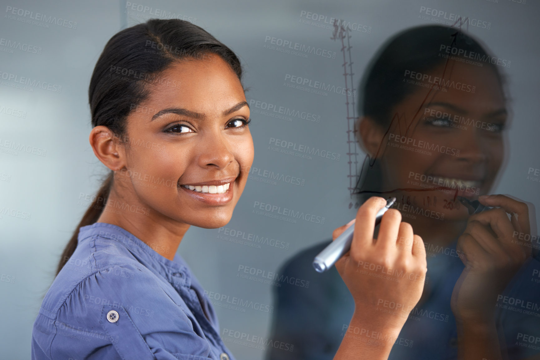 Buy stock photo Business, woman and portrait with writing on glass for growth, graph and financial planning in office. Black person, entrepreneur or face with smile for diagram, creative or illustration at workplace