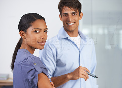 Buy stock photo Cropped shot of two young colleagues at 