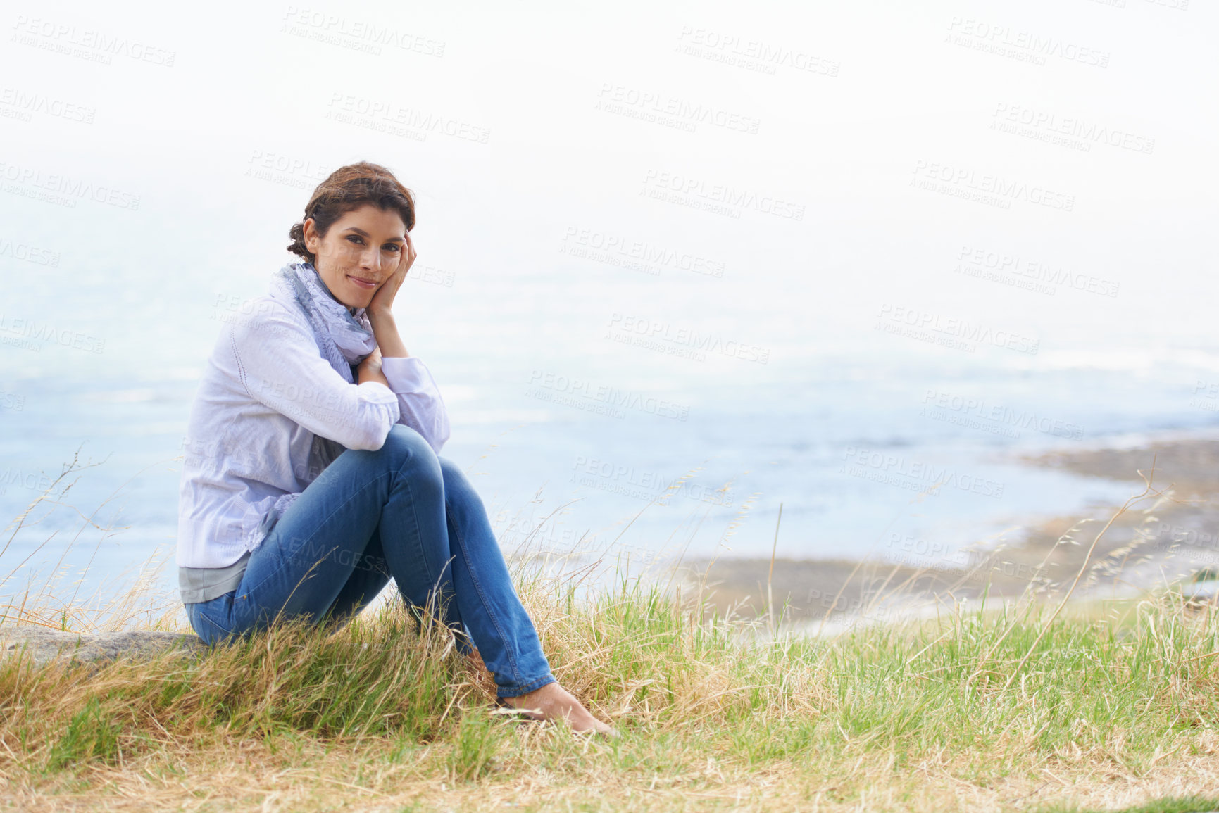 Buy stock photo Portrait of a mature woman taking a break from her walk to take in the scenery