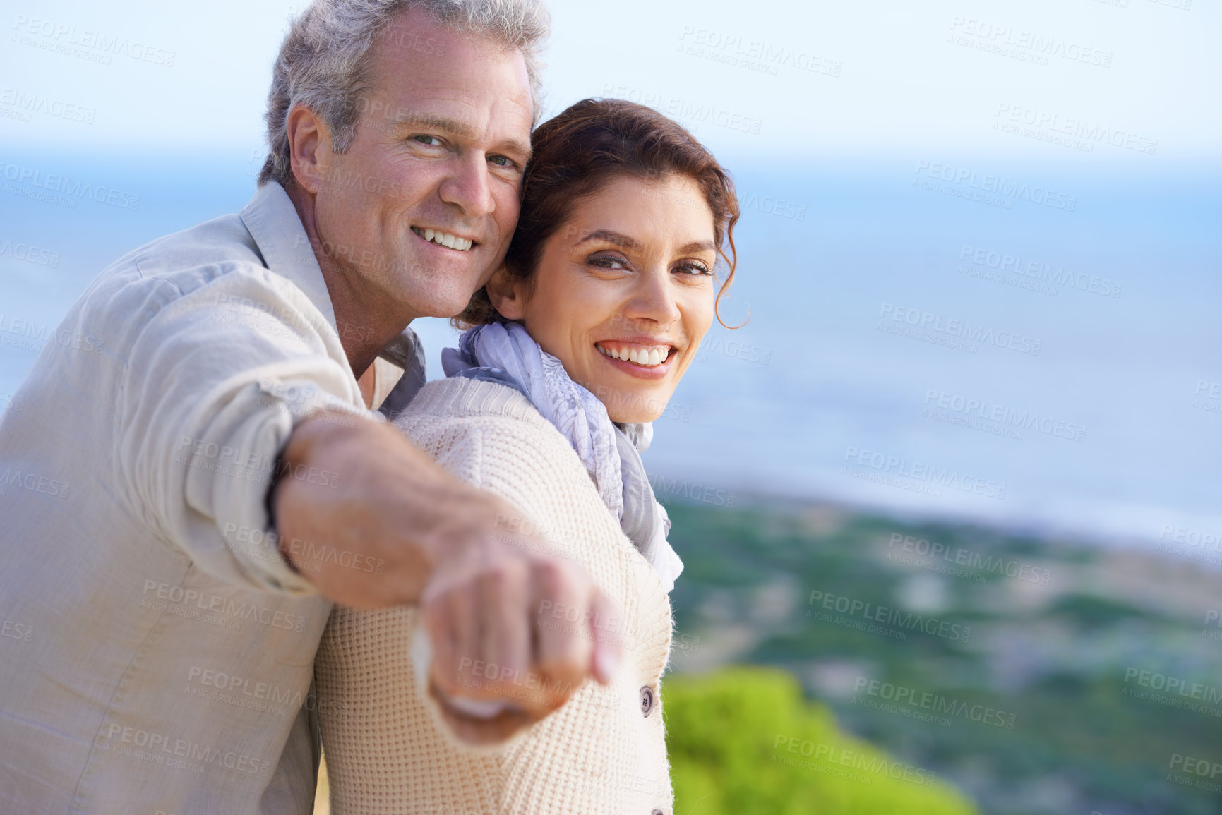 Buy stock photo Mature couple, portrait and outdoor on holiday, airplane hands and happy for enjoying vacation. Man, woman and bonding together with smile, marriage and commitment with affection, and joyful