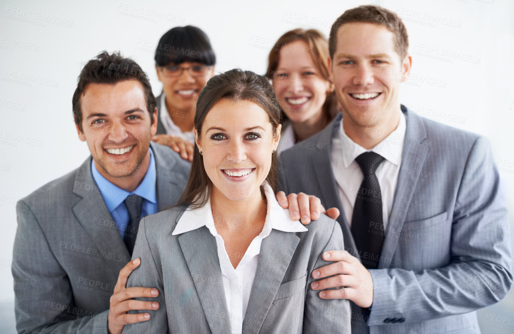 Buy stock photo Portrait, leadership and team of happy business people in office, cooperation or collaboration in solidarity. Face of woman, group and professional corporate employees, lawyers and coworking together