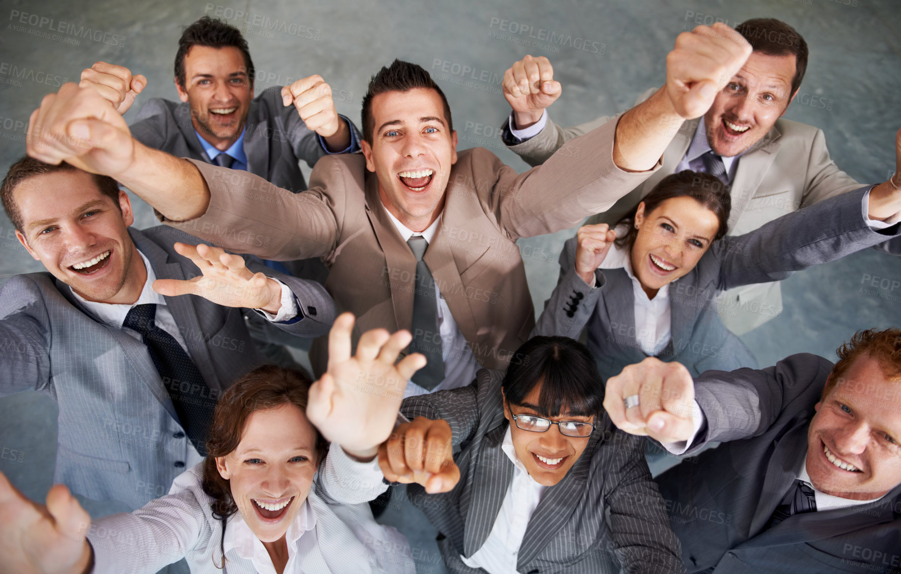 Buy stock photo Portrait, group cheers and business people celebration, teamwork or excited for investment success, achievement or victory. Sales deal winner, top view and project team celebrate corporate solidarity