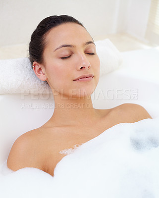 Buy stock photo Bathroom, relax and face of woman in bathtub for wellness, stress relief or body care with comfort at home. Bath, peace or person bathing in tub for cleaning, pamper or diy spa treatment or self care