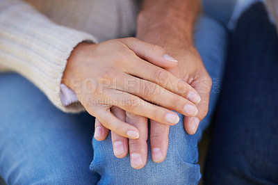 Buy stock photo Hands, closeup and people with love, support and trust in partnership or marriage together. Care, man and woman bonding with solidarity, empathy and body language as sign of compassion or connection