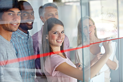 Buy stock photo Happy woman, team and writing on glass board for schedule planning, meeting or creative strategy at office. Portrait of employee group smile in teamwork, collaboration or startup project at workplace