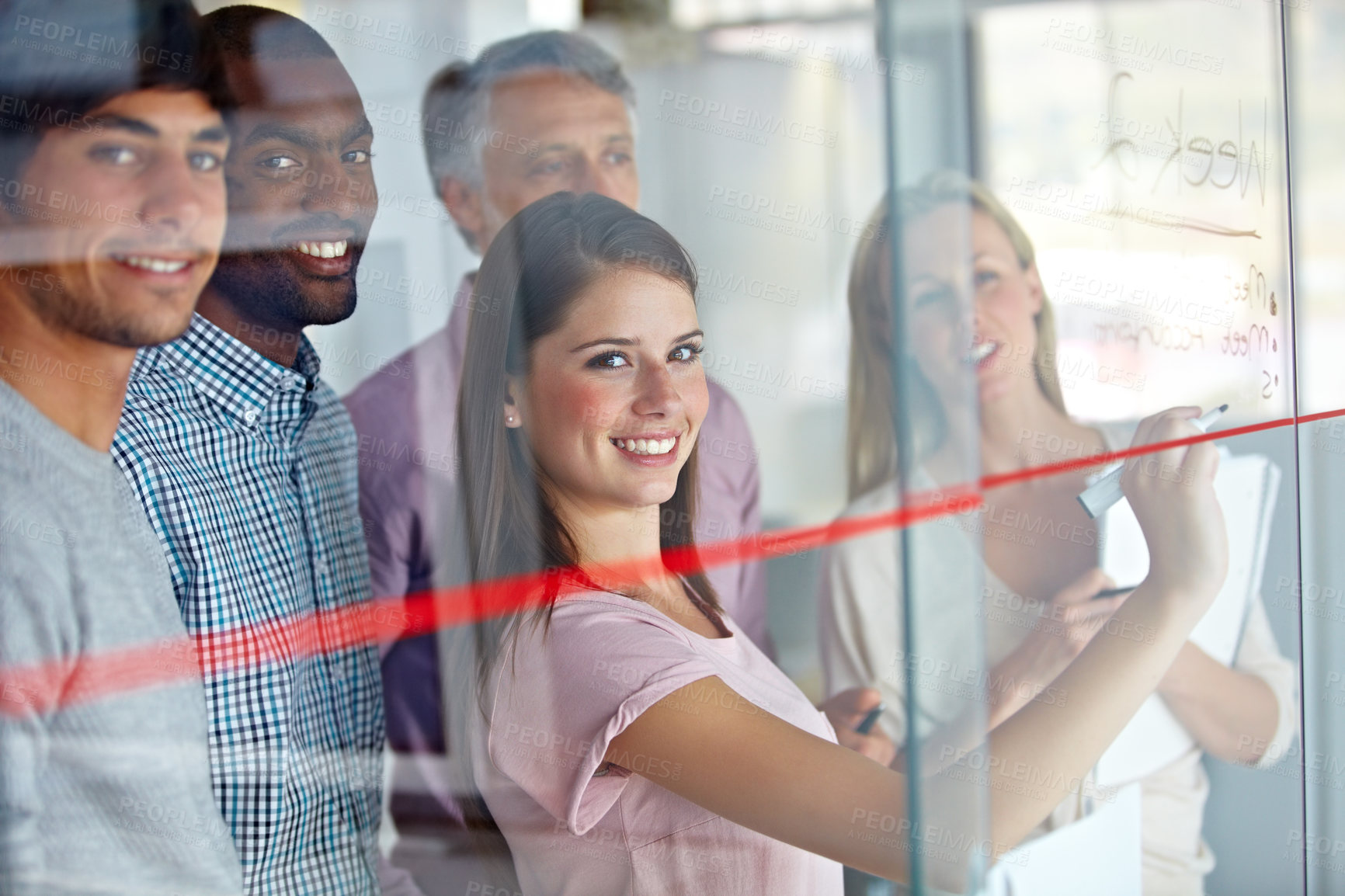 Buy stock photo Happy woman, team and writing on glass board for schedule planning, meeting or creative strategy at office. Portrait of employee group smile in teamwork, collaboration or startup project at workplace