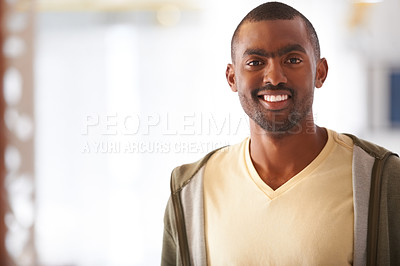 Buy stock photo Man, fashion and smile in portrait, confident and pride for casual clothing, style and trendy.  Mexican male person, face and entrepreneur or designer, startup and positive mindset for company