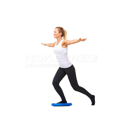 Buy stock photo Balance, happy and fitness with woman on disk in studio for workout, mindfulness or exercise. Wellness, challenge and training with person on white background for flexibility, smile or aerobics
