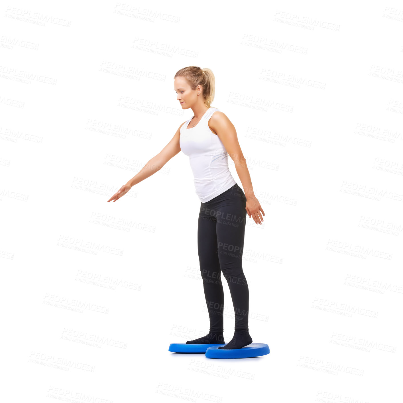 Buy stock photo Balance, practice and fitness with woman on disk in studio for workout, mindfulness or exercise. Wellness, challenge and training with person on white background for flexibility, smile or aerobics