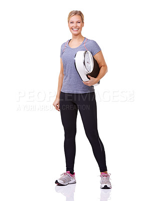 Buy stock photo Exercise, scale and portrait of woman with smile, workout and wellness with healthy pride in studio. Health, fitness and body of happy girl with weight loss measurement isolated on white background.