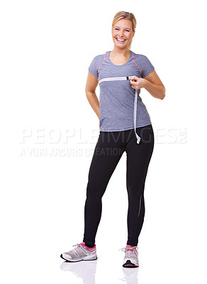 Buy stock photo Happy woman, breast and measure tape for fitness, weight loss and health results or training progress in studio portrait. Excited model with exercise goals and diet or workout on a white background