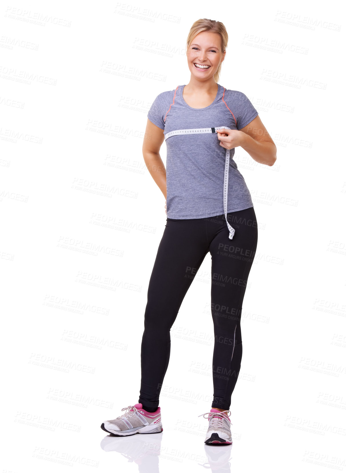 Buy stock photo Happy woman, breast and measure tape for fitness, weight loss and health results or training progress in studio portrait. Excited model with exercise goals and diet or workout on a white background