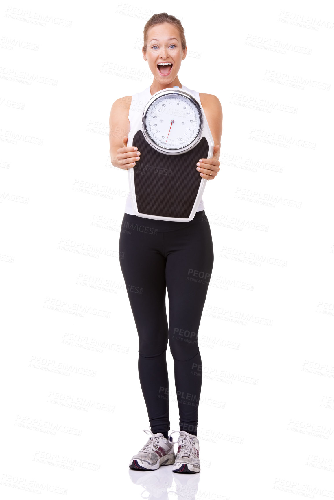 Buy stock photo Fitness, scale and portrait of excited woman with smile, workout and wellness with happiness in studio. Health, exercise and body of girl with weight loss measurement isolated on white background.
