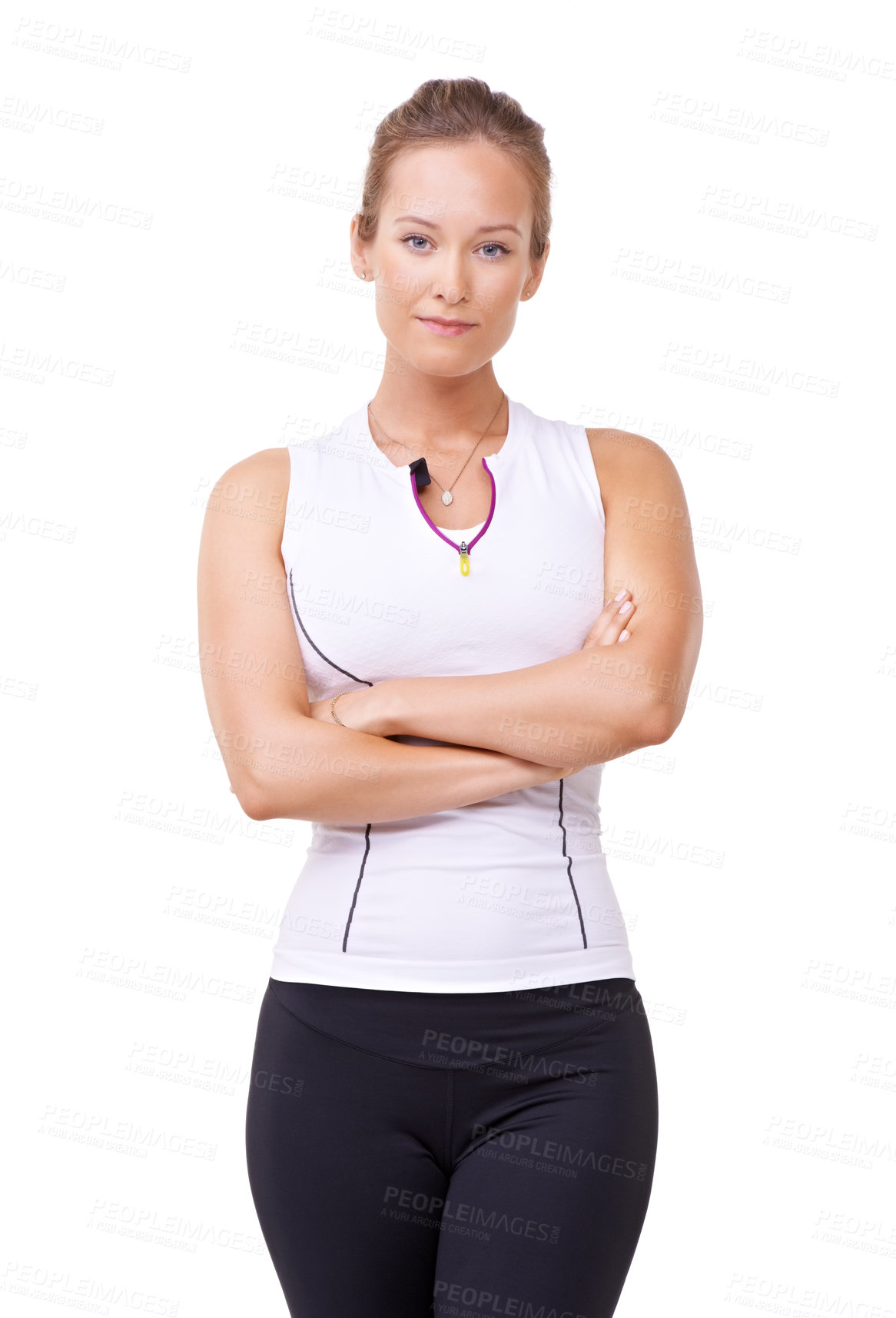 Buy stock photo Studio, portrait and woman for fitness with arms crossed  and health wellness for exercise mockup. Person, confident and face with pride for training commitment, sports fashion and white background