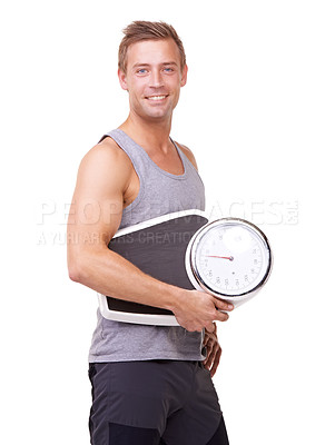 Buy stock photo Fitness, scale and portrait of happy man with confidence, workout and wellness in studio. Healthy motivation, exercise and body of athlete with weight loss measurement isolated on white background.