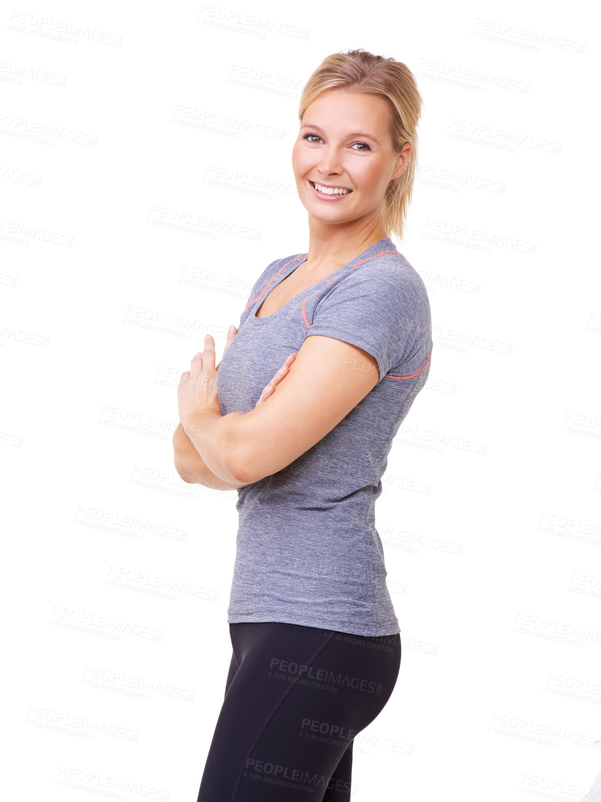 Buy stock photo Portrait, woman and happy for fitness, studio and positive with exercise wellness in gym clothes. Person, glow face and smile with commitment to healthy body, training and relax by white background