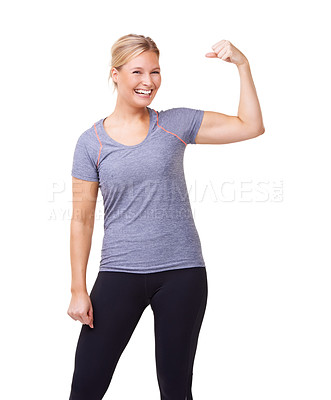 Buy stock photo Woman, portrait and flex or smile in studio for fitness, wellness or workout progress and sportswear. Person, face or arm and strength or training for weight loss and healthy body on white background
