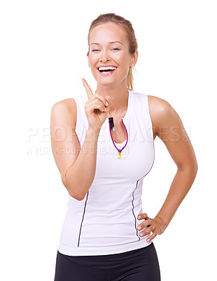 Buy stock photo Portrait, woman and hand gesture for fitness, studio and positive advice for exercise wellness in mockup. Person, face and happy with emoji for healthy body, gym lesson and relax by white background