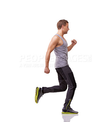 Buy stock photo Man, running and fitness in studio for workout, training and energy with wellness, muscle health and cardio. Sports model, sprinter or runner with exercise for race or challenge on a white background