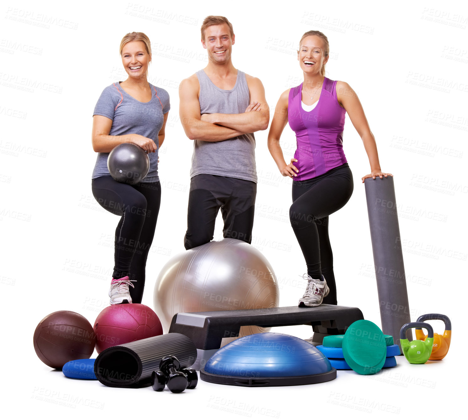 Buy stock photo Workout equipment, group of people and fitness studio for training, wellness and support of personal trainer, Happy portrait of women and sports man, health and pilates exercise on a white background