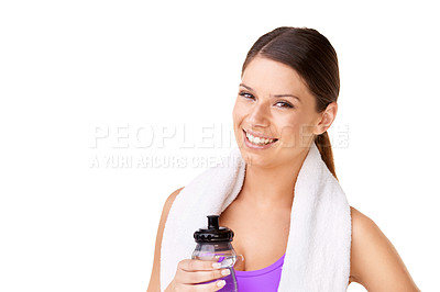 Buy stock photo Woman, portrait and water bottle in studio for fitness, exercise and training in wellness or health. Happy face of young person or sports model with towel and liquid for workout on a white background