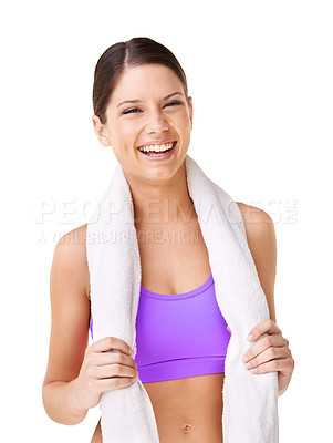 Buy stock photo Portrait, happy woman and laugh with towel in studio for fitness mock up on white background in Germany. Female model, athlete and sweat cloth for hygiene, cleanliness or germs for health in wellness