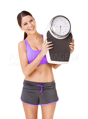 Buy stock photo Scale, portrait and happy woman with exercise, weight loss and smile from health progress. Workout, fitness and sport training of a female person in studio with white background and wellness care